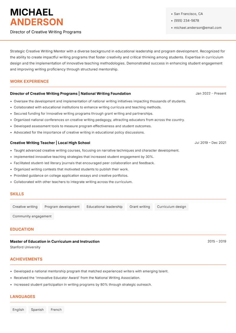 Creative Writing Mentor resume template — Modern Professional