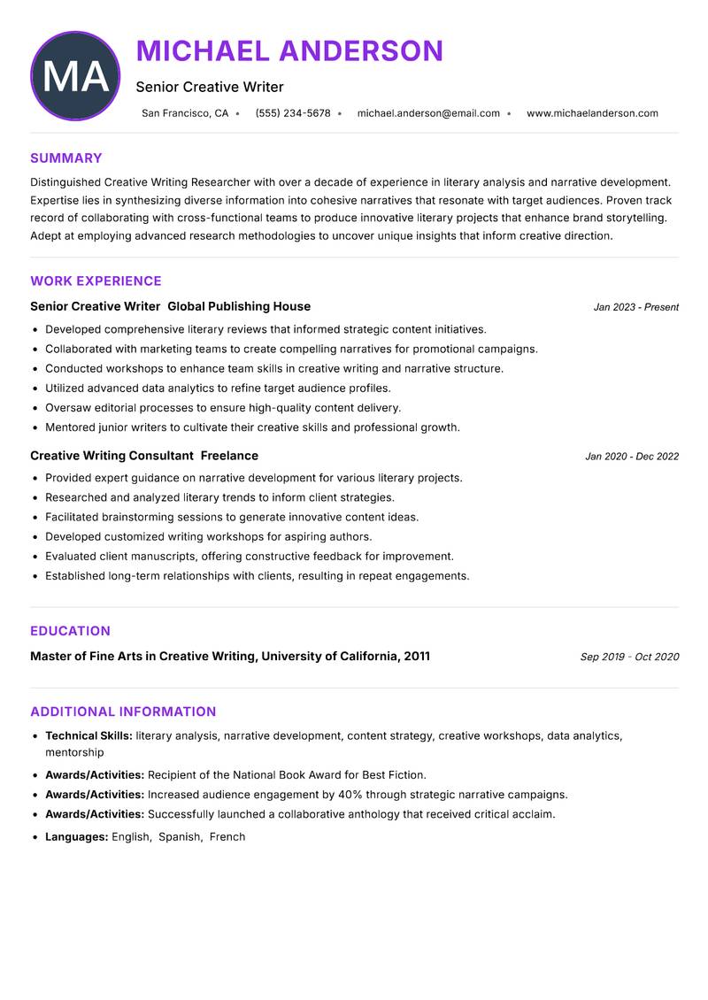Creative Writing Researcher resume example — ATS-friendly template