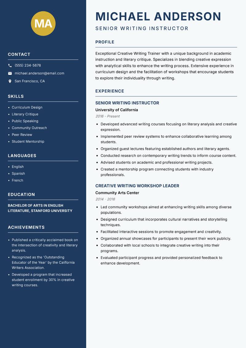 Creative Writing Trainer resume template — Classic Clean