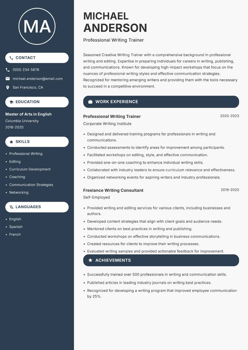 Creative Writing Trainer resume template — Compact