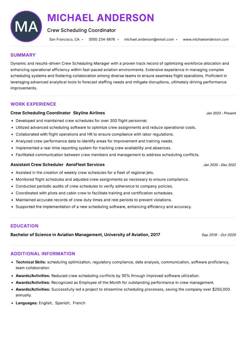 Crew Scheduling Manager resume example — ATS-friendly template