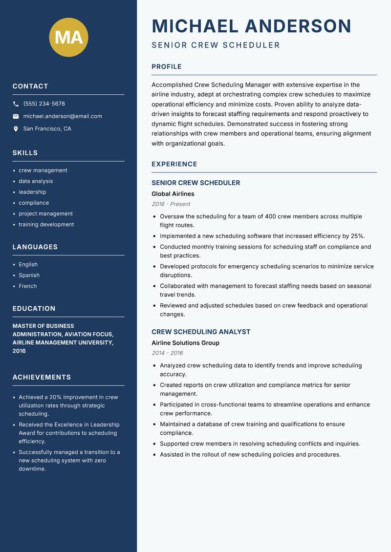 Crew Scheduling Manager resume template — Classic Clean