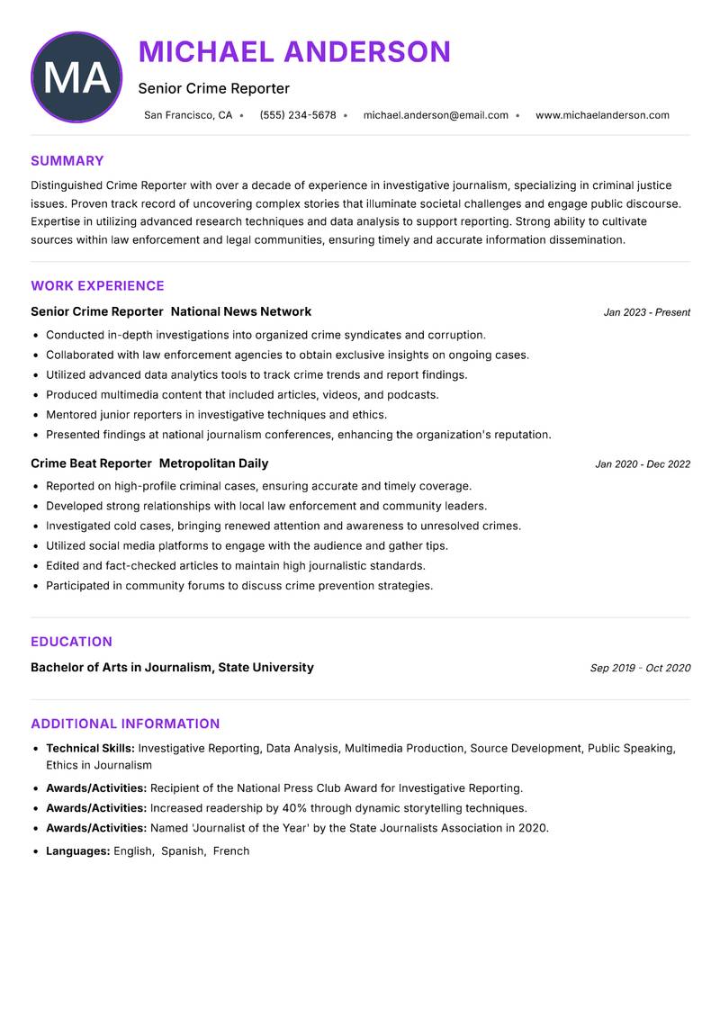 Crime Reporter resume example — ATS-friendly template