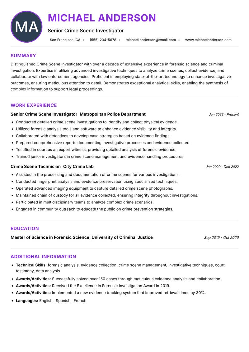 Crime Scene Investigator resume example — ATS-friendly template