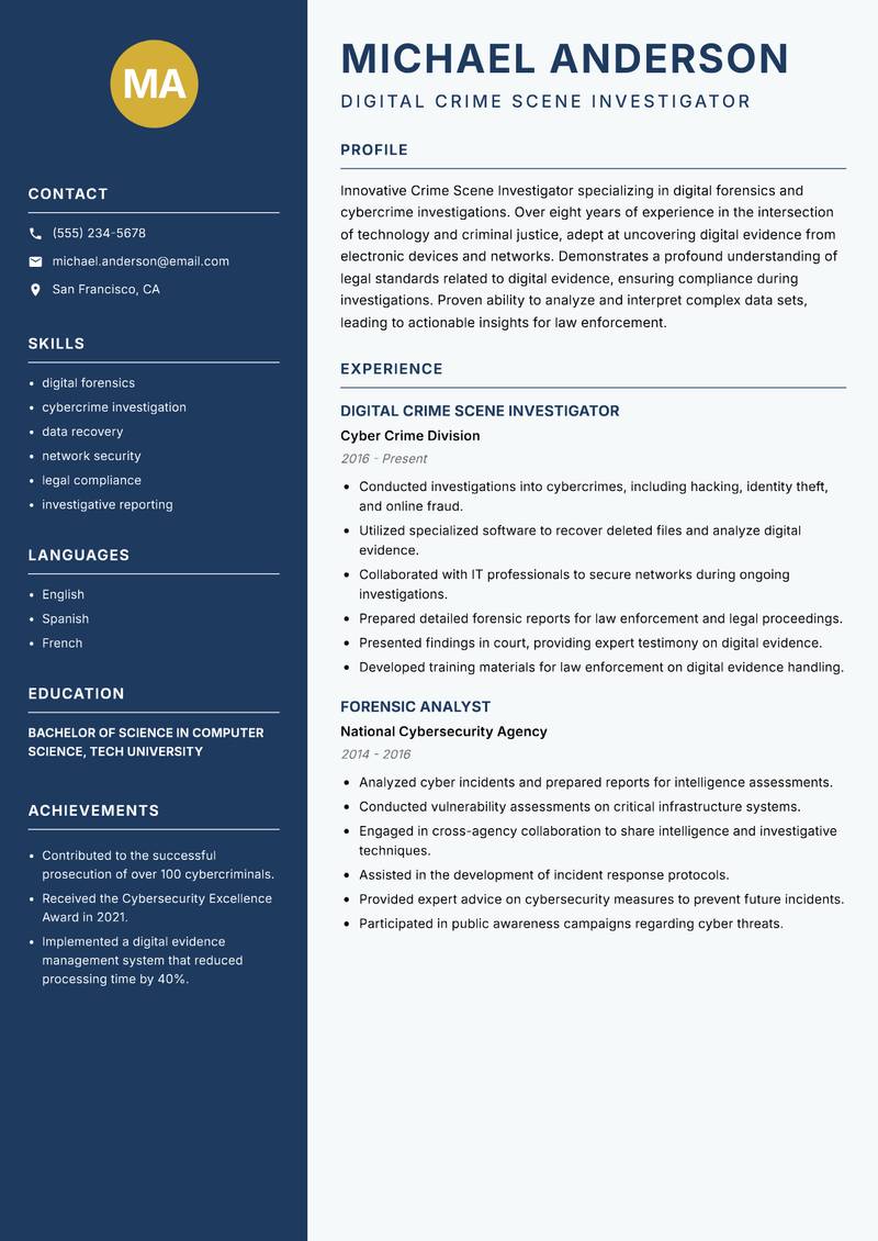 Crime Scene Investigator resume template — Classic Clean