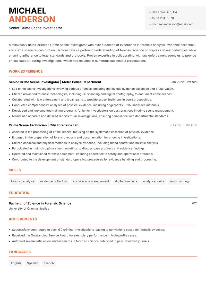 Crime Scene Investigator resume template — Modern Professional