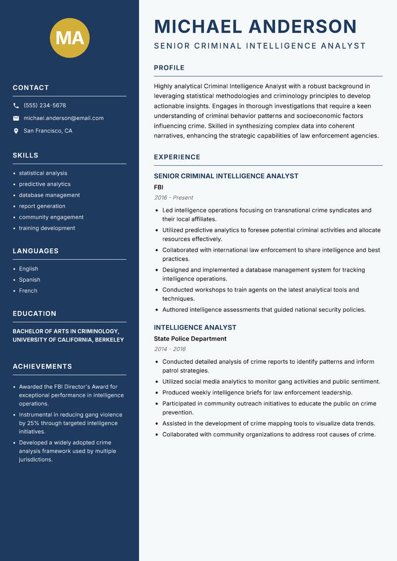 Criminal Intelligence Analyst resume template — Classic Clean