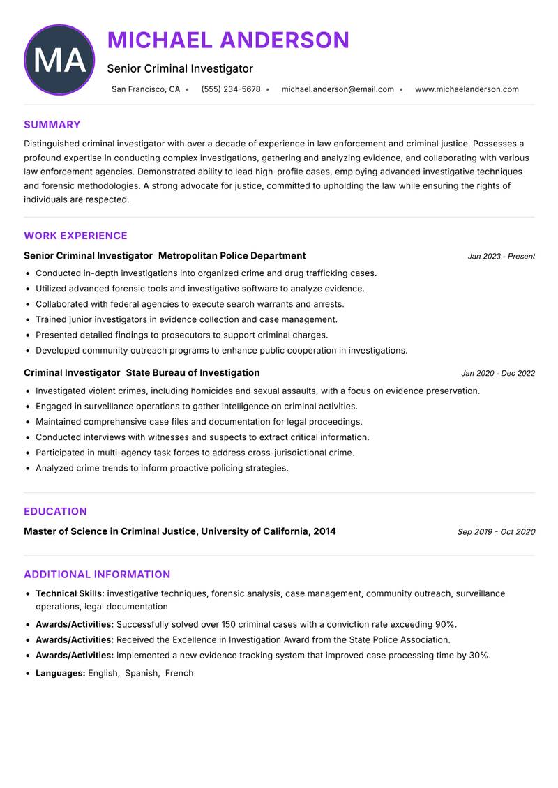 Criminal Investigator resume example — ATS-friendly template