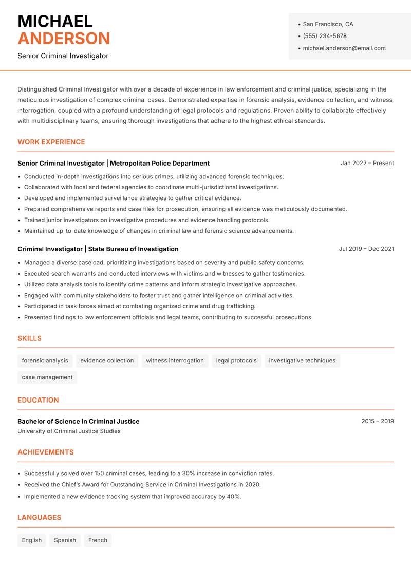 Criminal Investigator resume template — Modern Professional