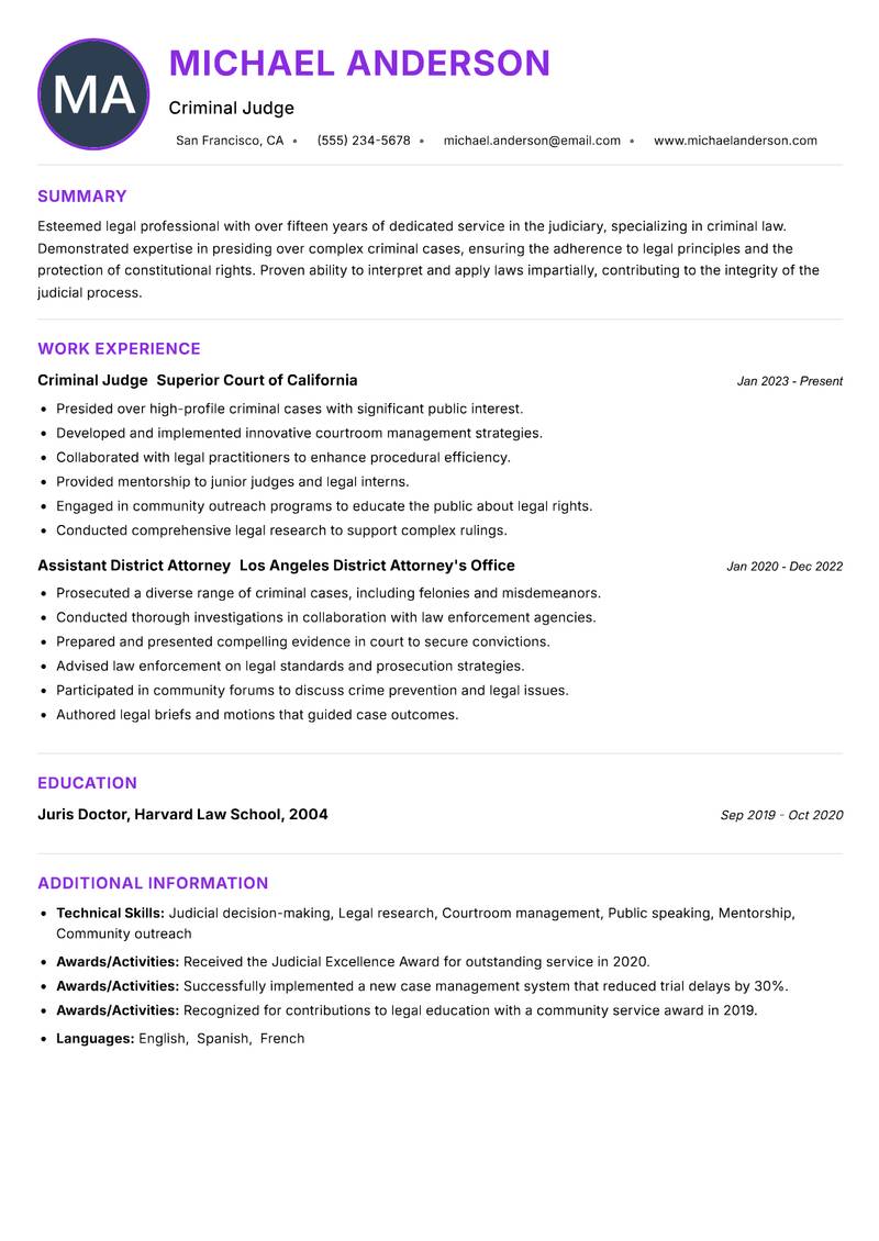 Criminal Judge resume example — ATS-friendly template