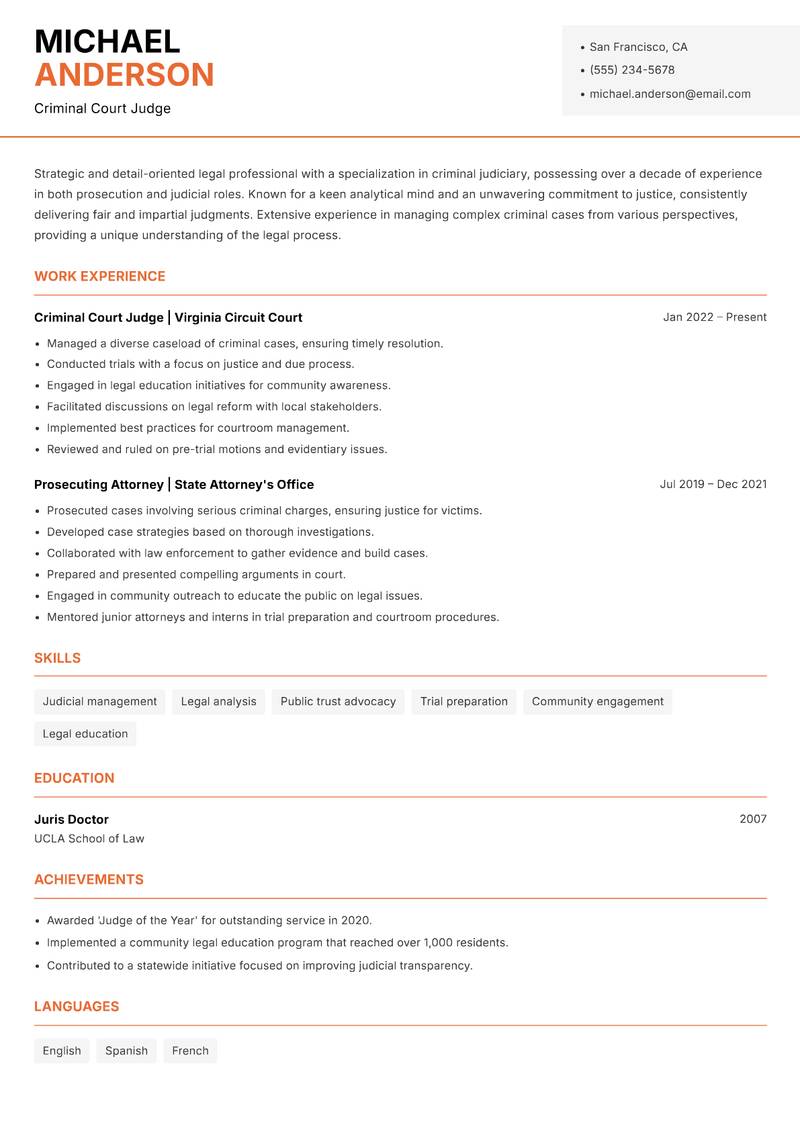 Criminal Judge resume template — Modern Professional