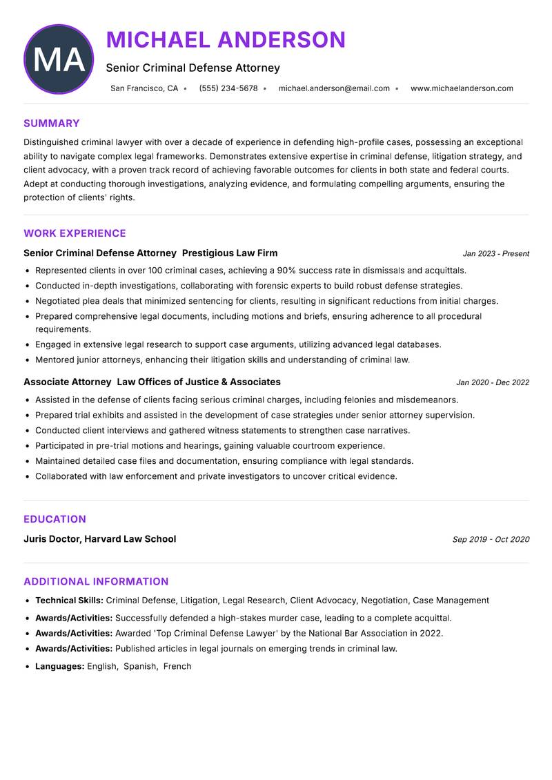 Criminal Lawyer resume example — ATS-friendly template