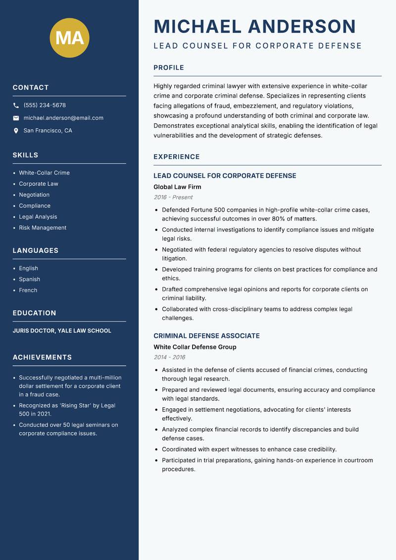 Criminal Lawyer resume template — Classic Clean