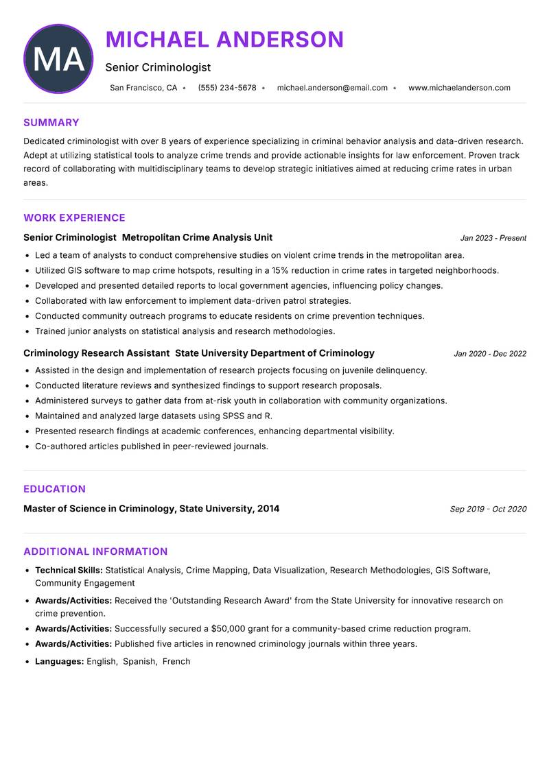 Criminologist resume example — ATS-friendly template