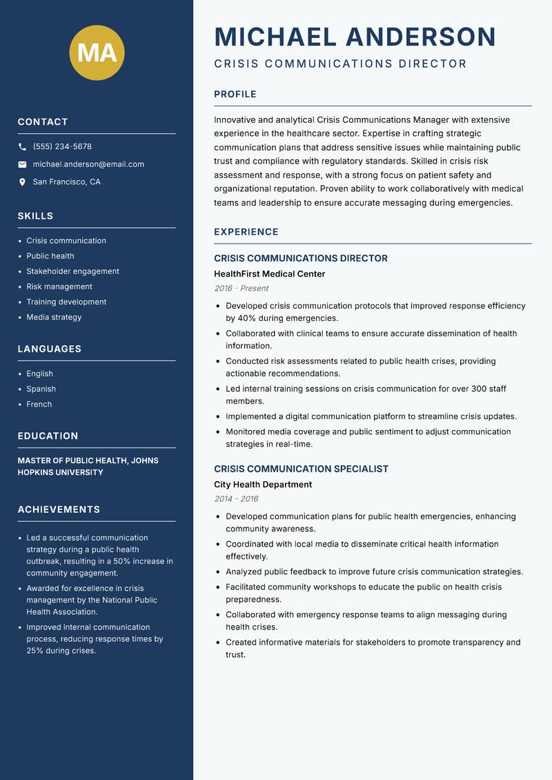 Crisis Communications Manager resume template — Classic Clean