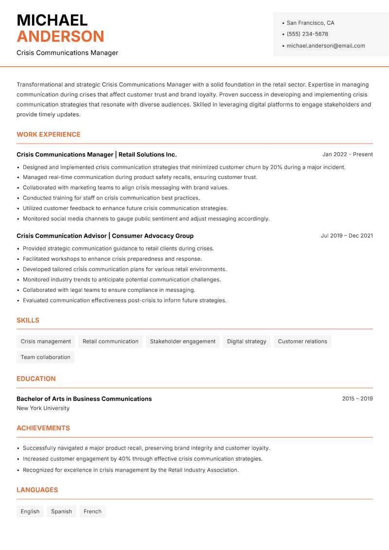 Crisis Communications Manager resume template — Modern Professional