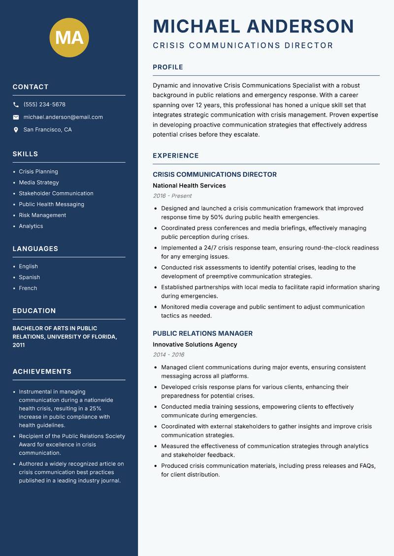 Crisis Communications Specialist resume template — Classic Clean