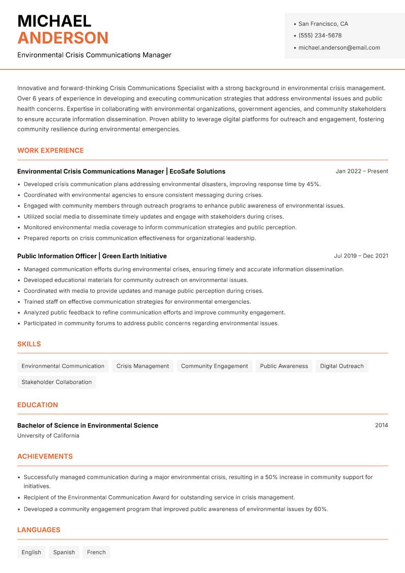 Crisis Communications Specialist resume template — Modern Professional