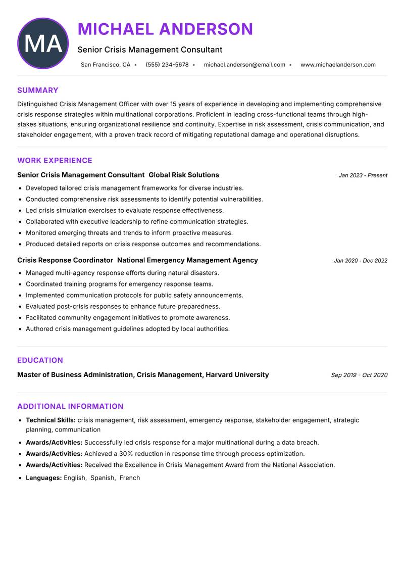 Crisis Management Officer resume example — ATS-friendly template