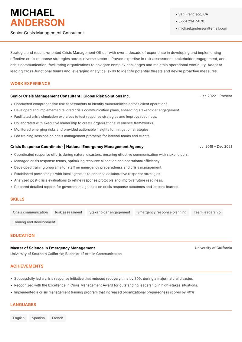 Crisis Management Officer resume template — Modern Professional