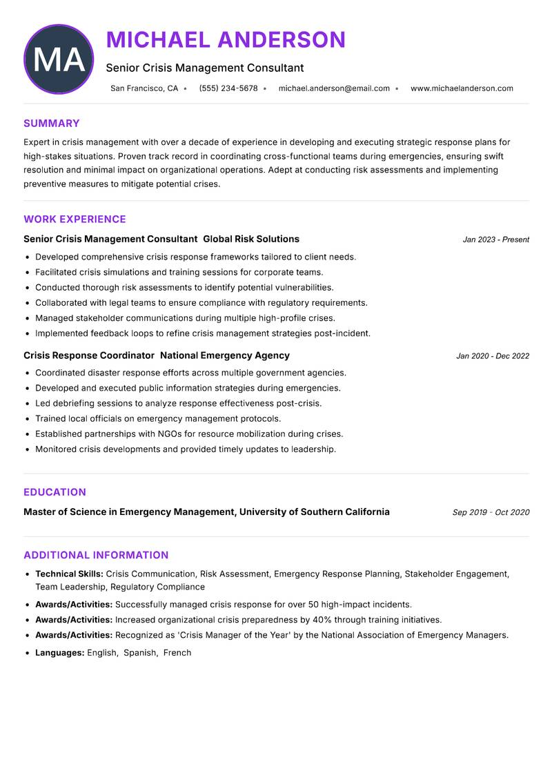 Crisis Management Specialist resume example — Disaster Relief