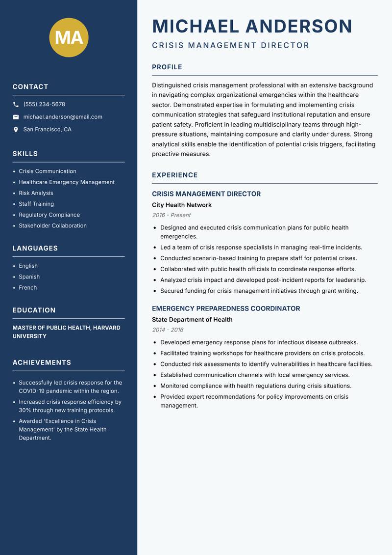 Crisis Management Specialist resume template — Classic Clean