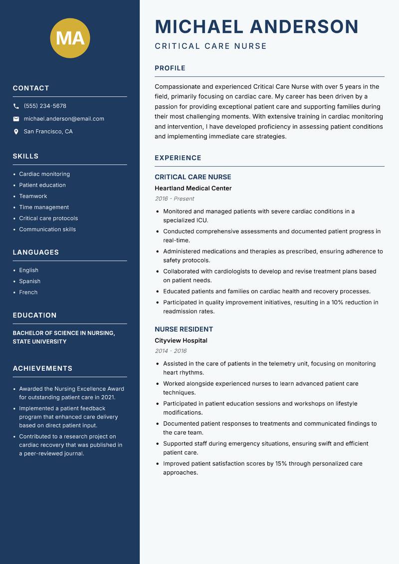 Critical Care Nurse resume template — Classic Clean