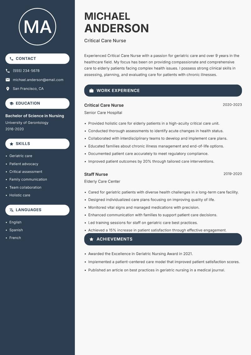 Critical Care Nurse resume template — Compact