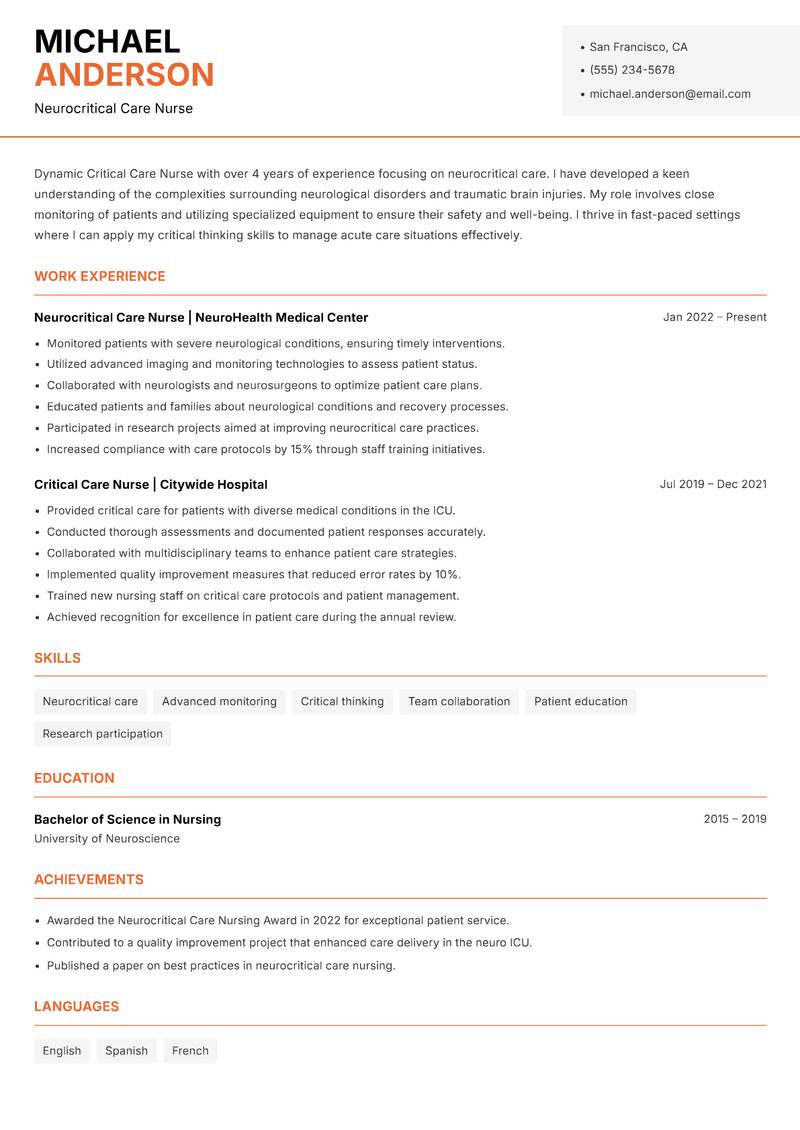 Critical Care Nurse resume template — Modern Professional