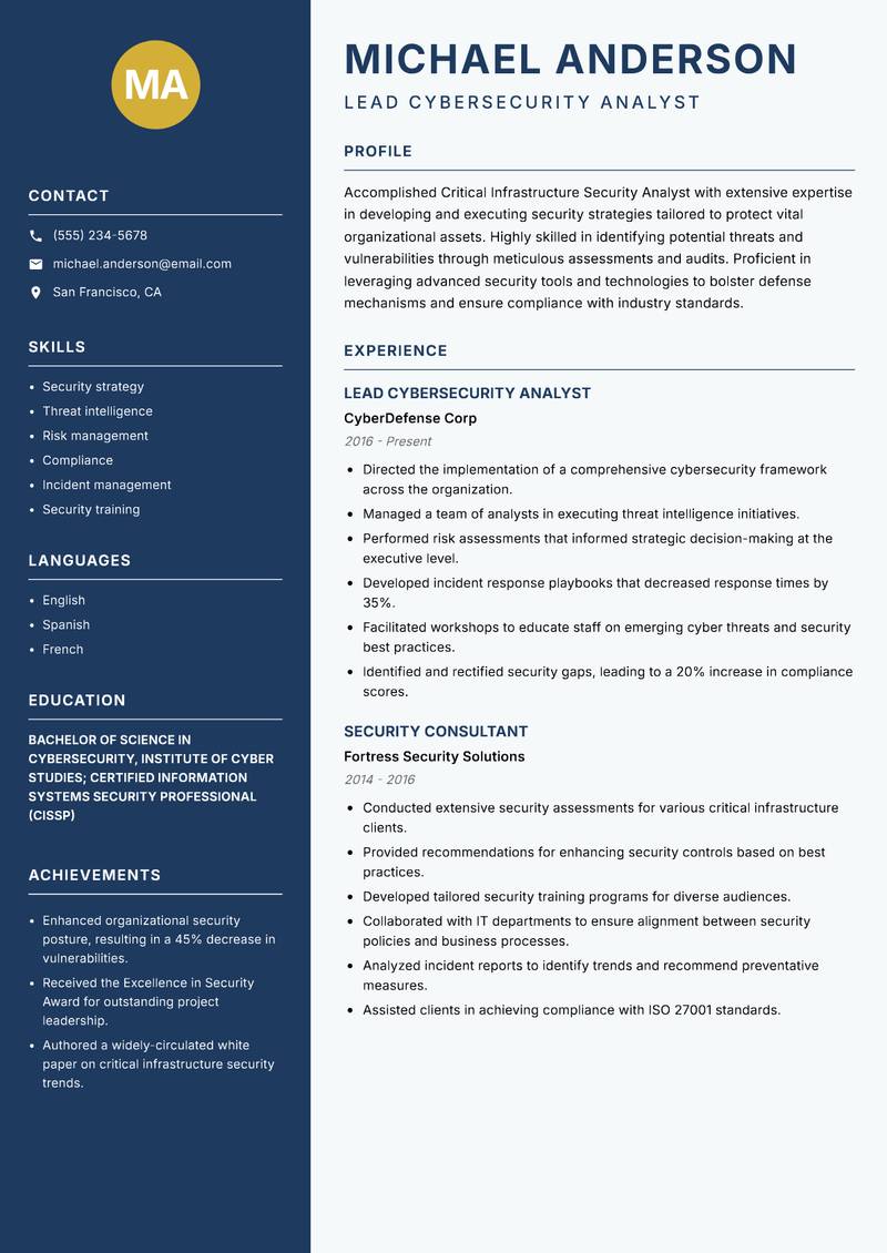 Critical Infrastructure Security Analyst resume template — Classic Clean