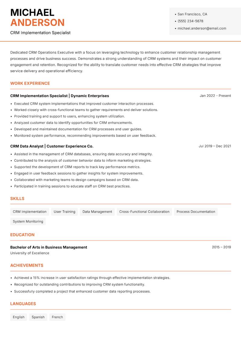 CRM Operations Executive resume template — Modern Professional