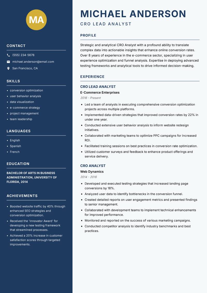 CRO Analyst resume template — Classic Clean