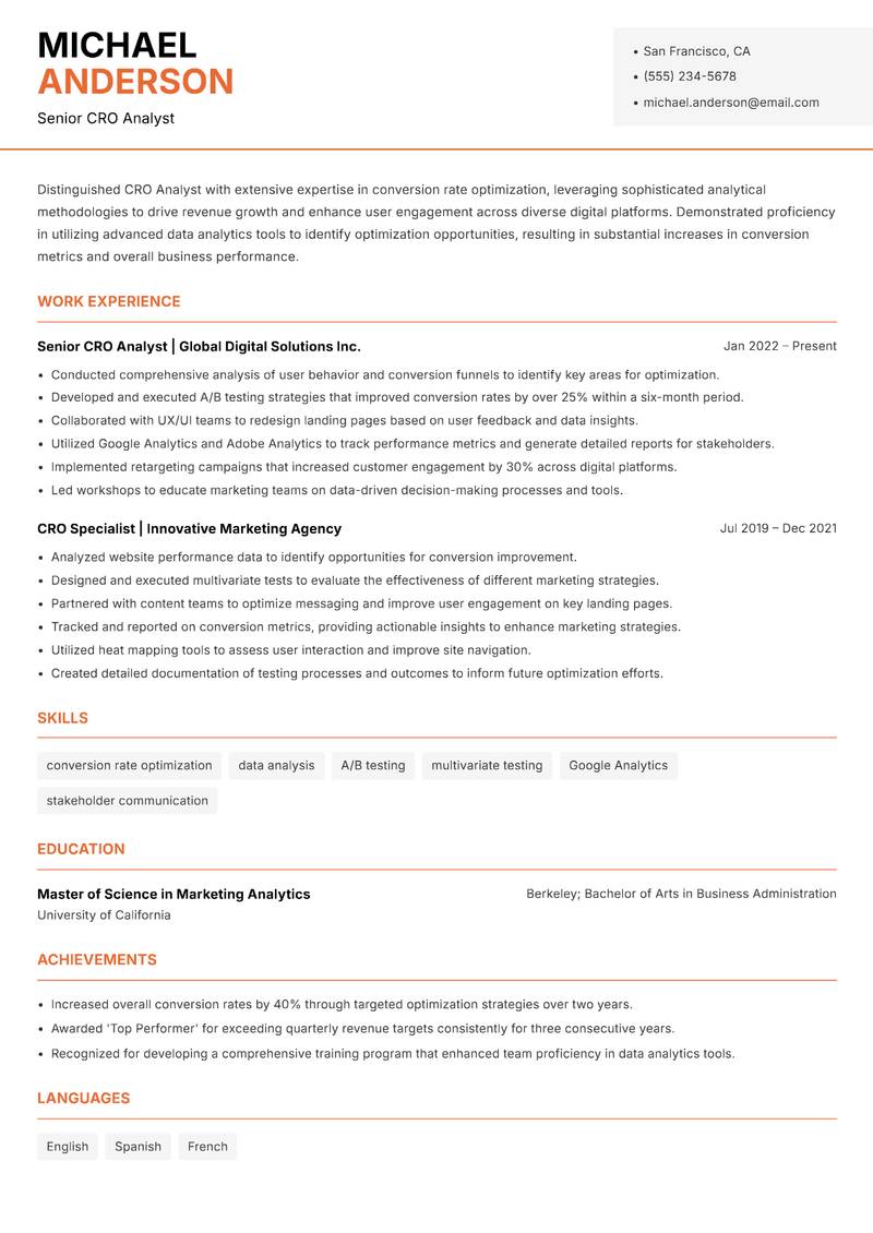 CRO Analyst resume template — Modern Professional