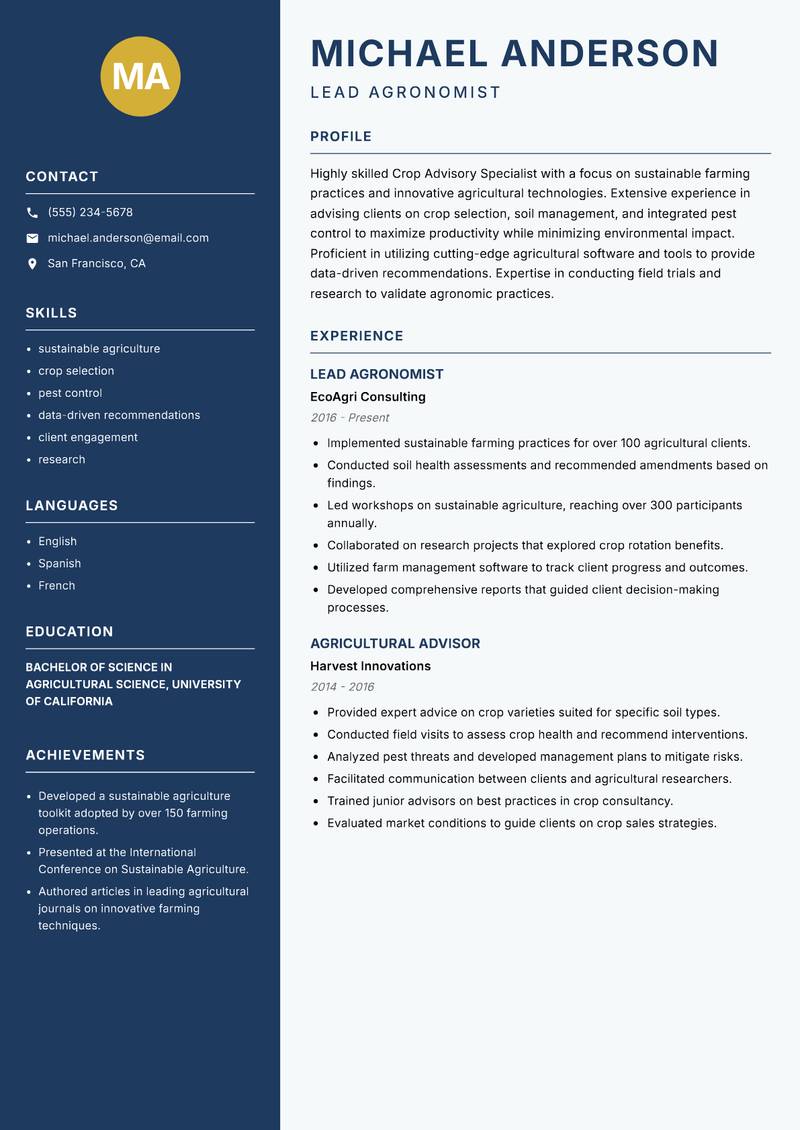 Crop Advisory Specialist resume template — Classic Clean