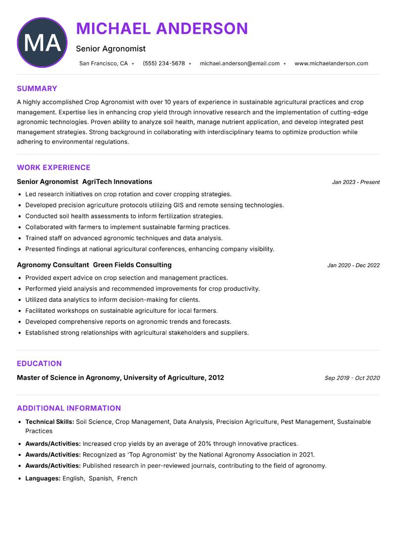 Crop Agronomist resume example — ATS-friendly template