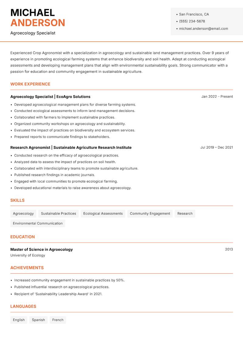 Crop Agronomist resume template — Modern Professional