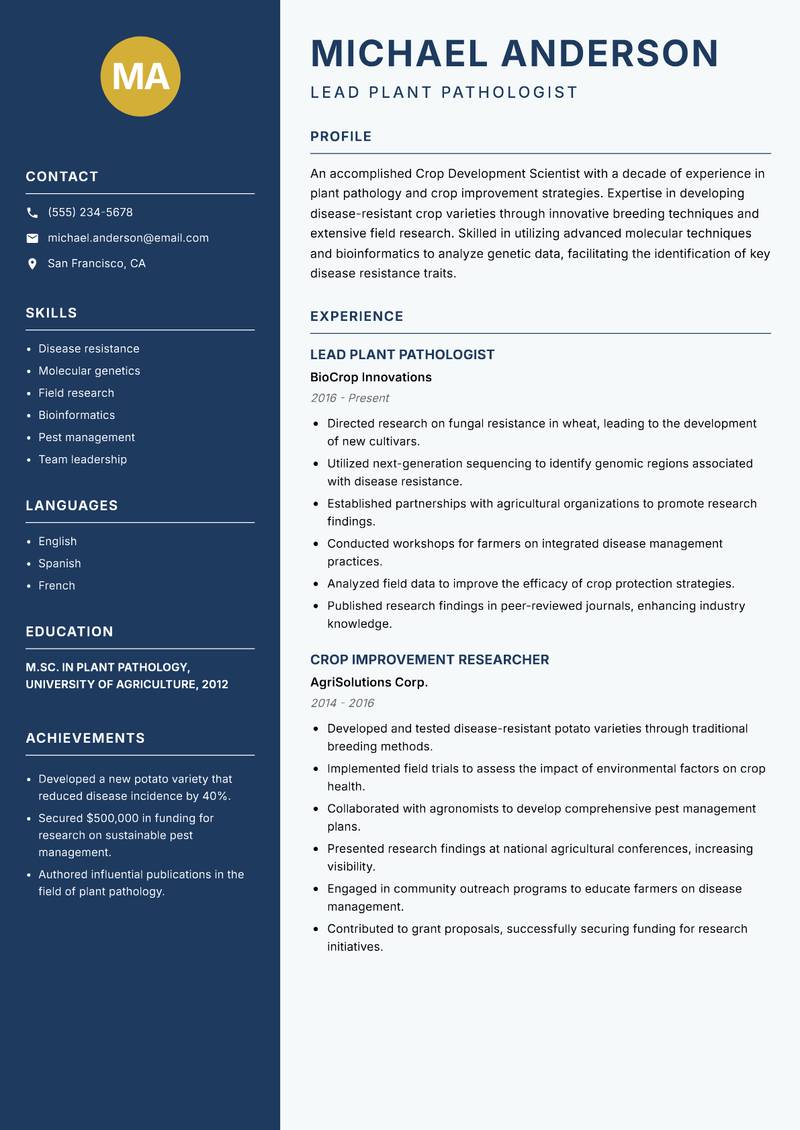 Crop Development Scientist resume template — Classic Clean