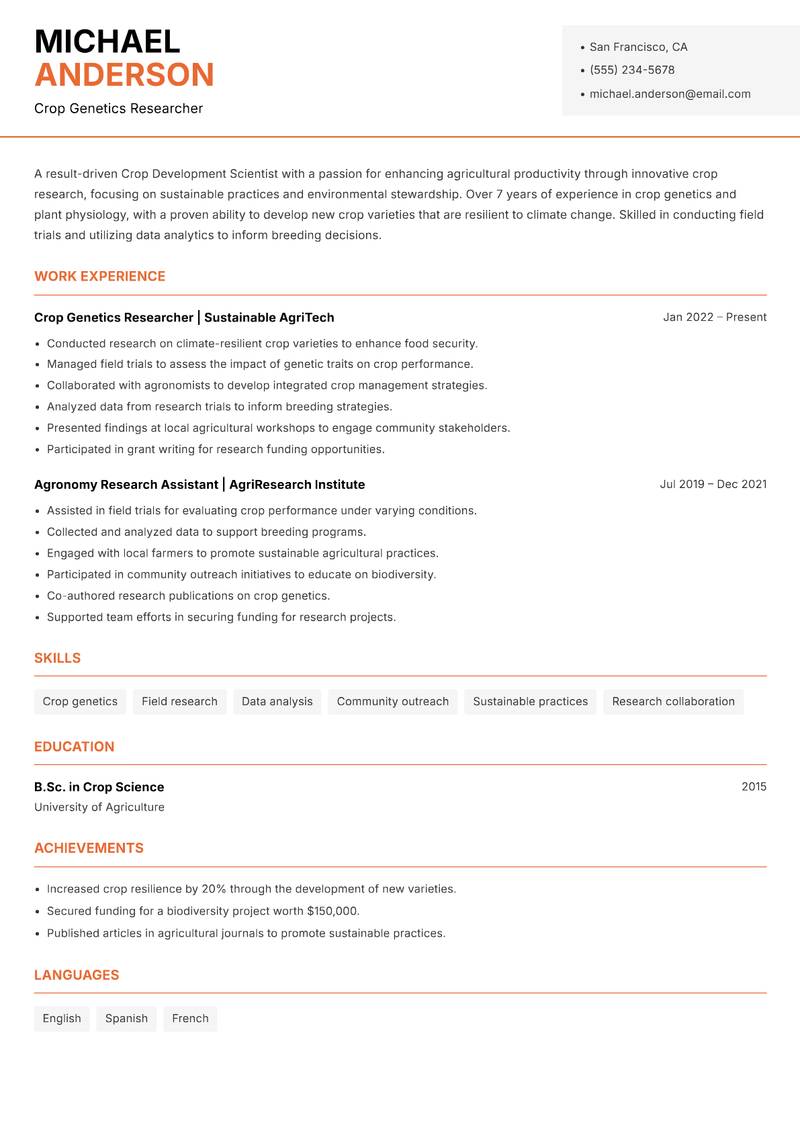 Crop Development Scientist resume template — Modern Professional