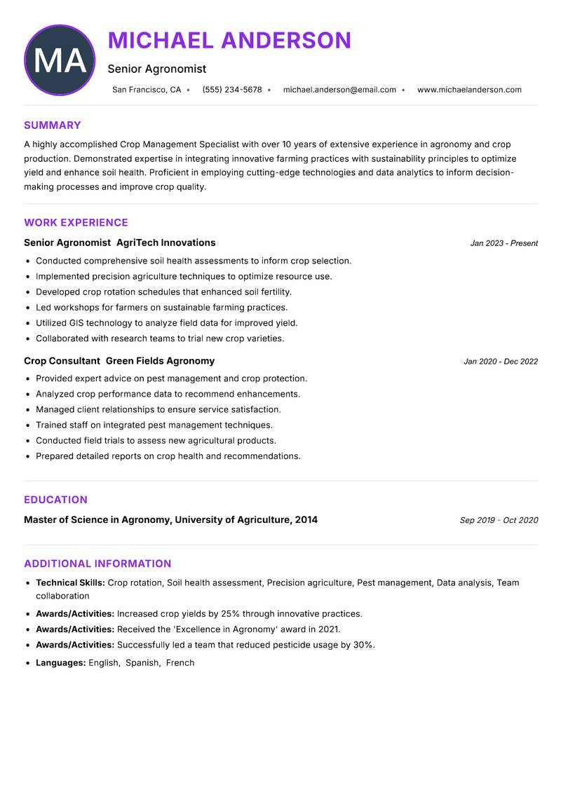 Crop Management Specialist resume example — ATS-friendly template