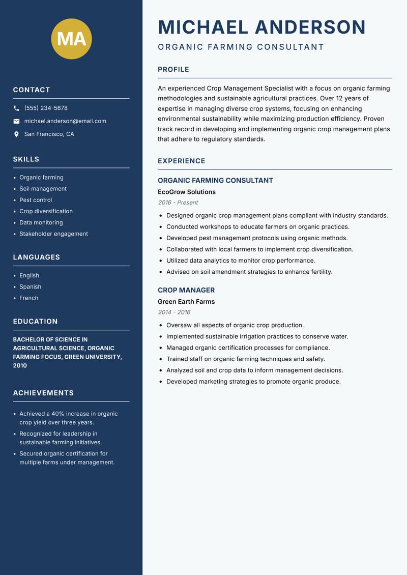 Crop Management Specialist resume template — Classic Clean