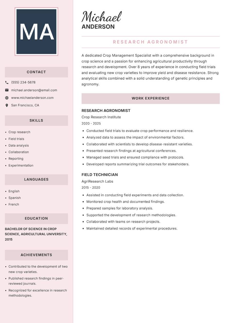 Crop Management Specialist resume template — Executive