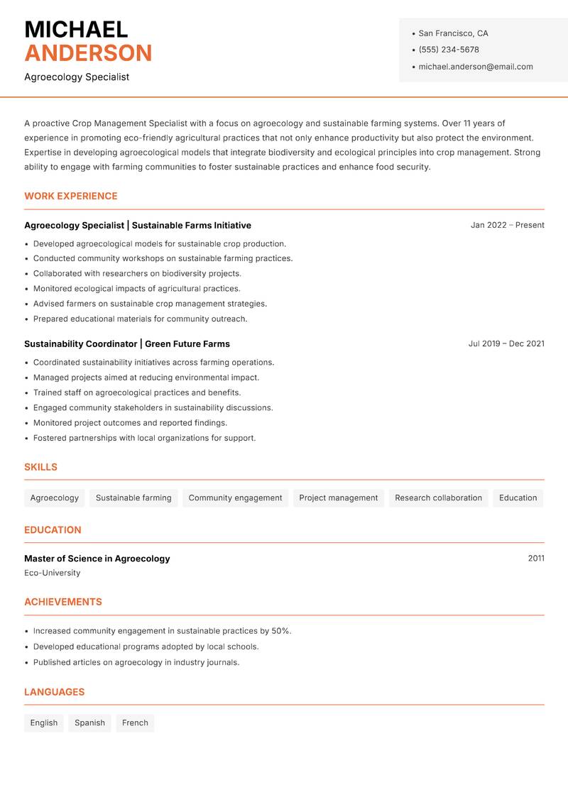 Crop Management Specialist resume template — Modern Professional