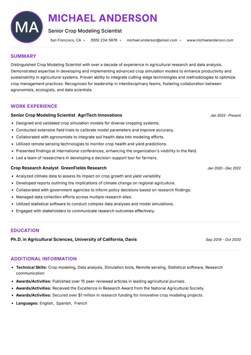 Crop Modeling Scientist resume example — ATS-friendly template