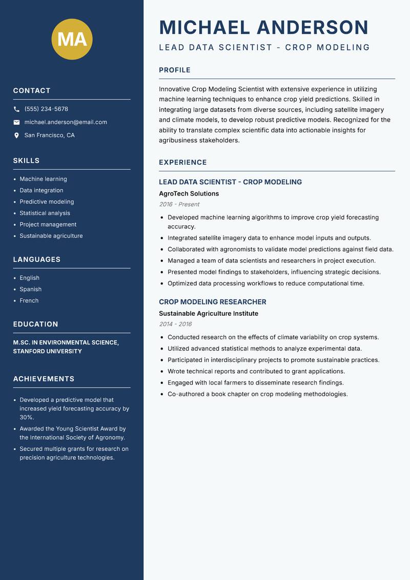 Crop Modeling Scientist resume template — Classic Clean