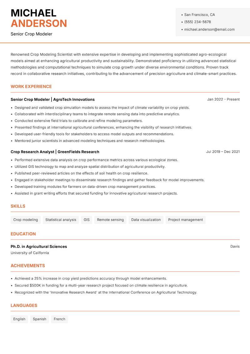 Crop Modeling Scientist resume template — Modern Professional