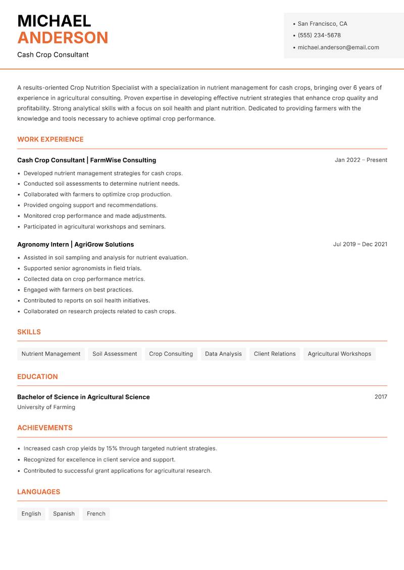 Crop Nutrition Specialist resume template — Modern Professional