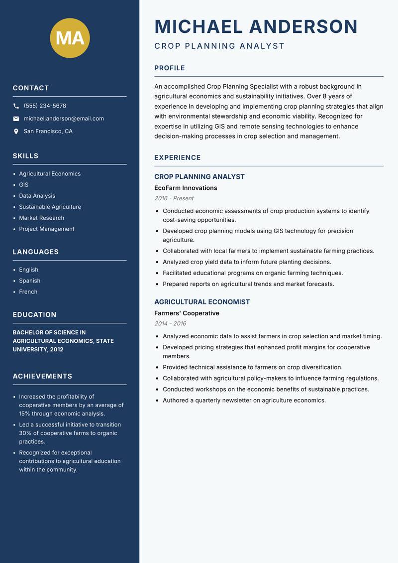 Crop Planning Specialist resume template — Classic Clean