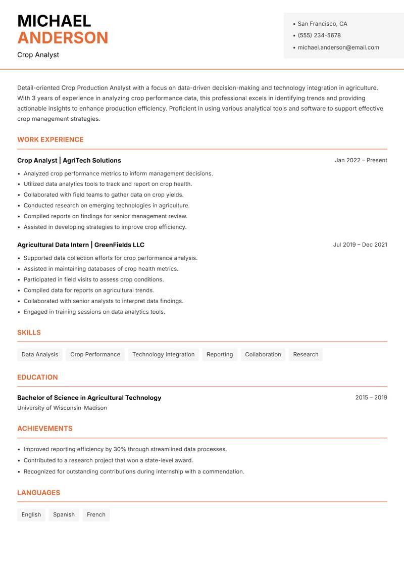 Crop Production Analyst resume template — Modern Professional