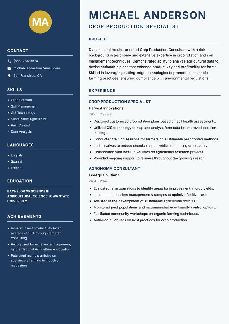 Crop Production Consultant resume template — Classic Clean