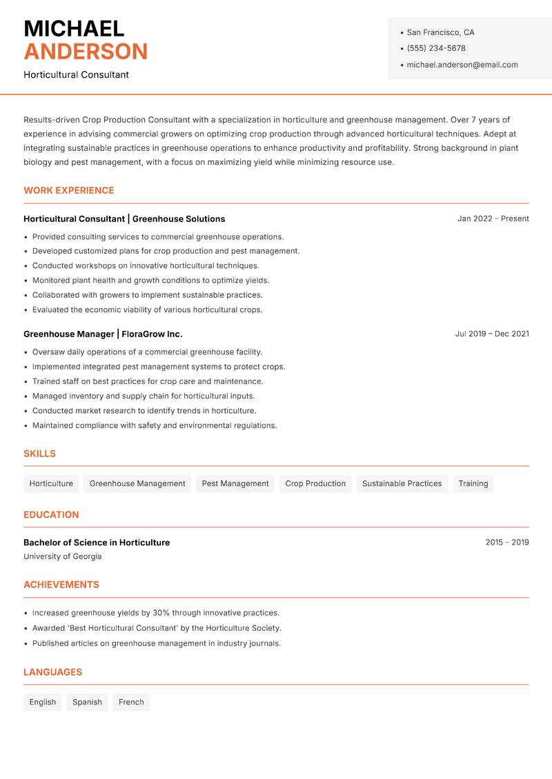 Crop Production Consultant resume template — Modern Professional